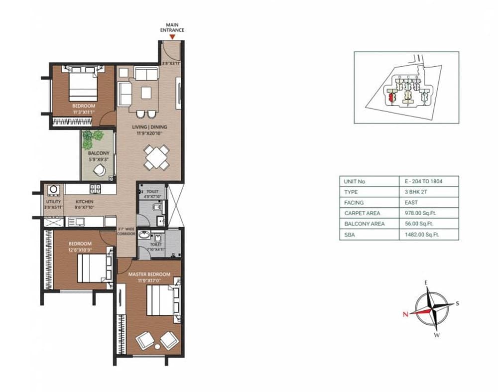 3 BHK + 2T floor plan