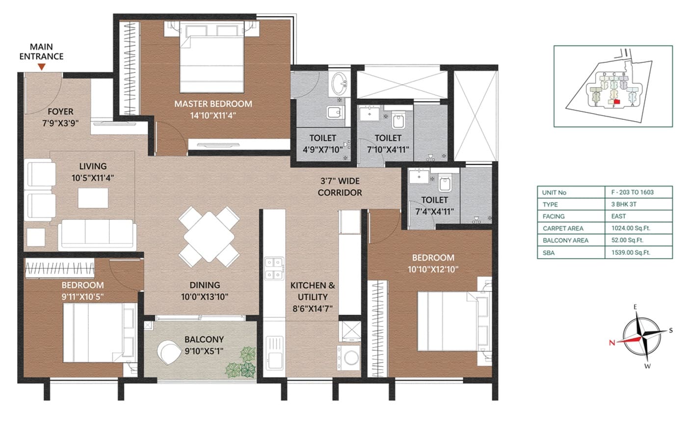 3 BHK + 3T floor plan